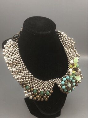 Pam Hiran Statement Necklace Silver Bead Mesh Fringe Blue Green Cluster Vintage